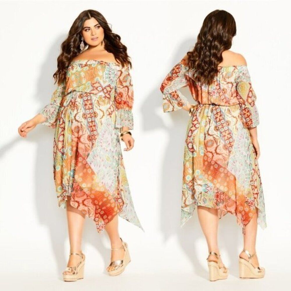 City Chic Women's Size 14 Off Shoulder Floral Print Handkerchief Midi Dress